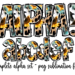 Alpha Set Leopard Sunflower Print - Pacote de letras - Alfabeto clipart - Letras de rabiscos desenhadas à mão - Pacote de números para sublimação
