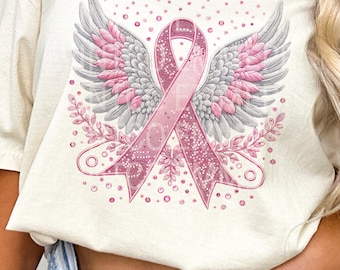 Pink Ribbon Faux Embroidery Cancer Awareness Sequins Glitter Sublimation Design Download PNG - DTF  Download - Shirts