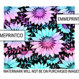 May include: A seamless pattern featuring watercolor-style sunflowers in shades of pink, blue, and purple on a black background. The flowers are arranged in a repeating pattern with green leaves and stems.