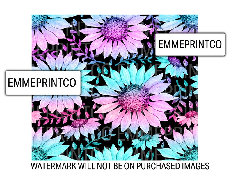 May include: A seamless pattern featuring watercolor-style sunflowers in shades of pink, blue, and purple on a black background. The flowers are arranged in a repeating pattern with green leaves and stems.
