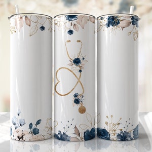 Verpleegkundige arts beker sublimatie wrap marineblauw gouden bloemen PNG naadloze sublimatie ontwerpen downloads - magere beker 20oz ontwerp