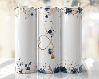 Nurse Doctor Tumbler Sublimation Wrap Navy Blue Gold Floral PNG Seamless Sublimation Designs Downloads - Skinny Tumbler 20oz Design