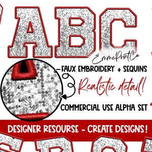May include: A set of silver glitter letters with red outlines, featuring a faux embroidery and sequin design. The letters are part of a commercial use alpha set for creating designs.