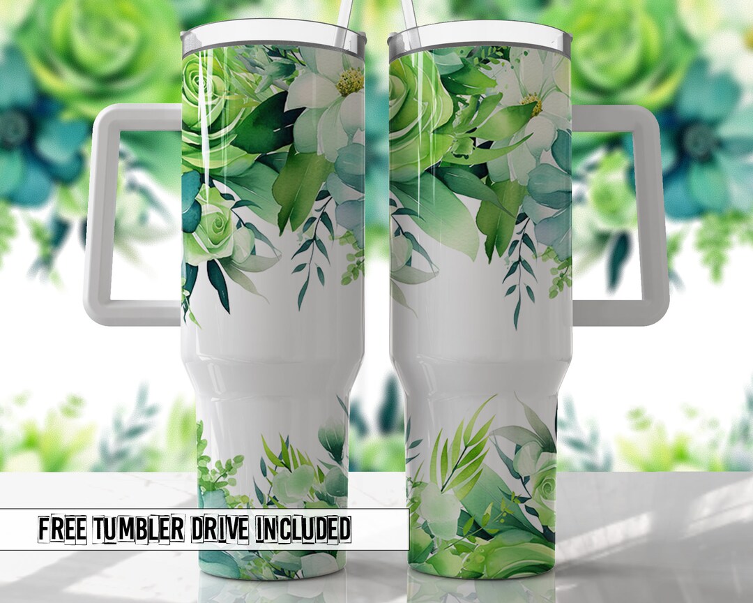 Bright Green Floral 40oz Quencher Tumbler Wrap - Seamless PNG Tumbler ...