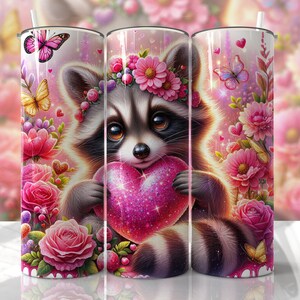 VALENTINE&#39;S DAY Tumbler Wrap - Raccoon Cute - 20oz Skinny Seamless Tumbler Wrap PNG - Sublimation Tumbler Template - EmmePrintCo