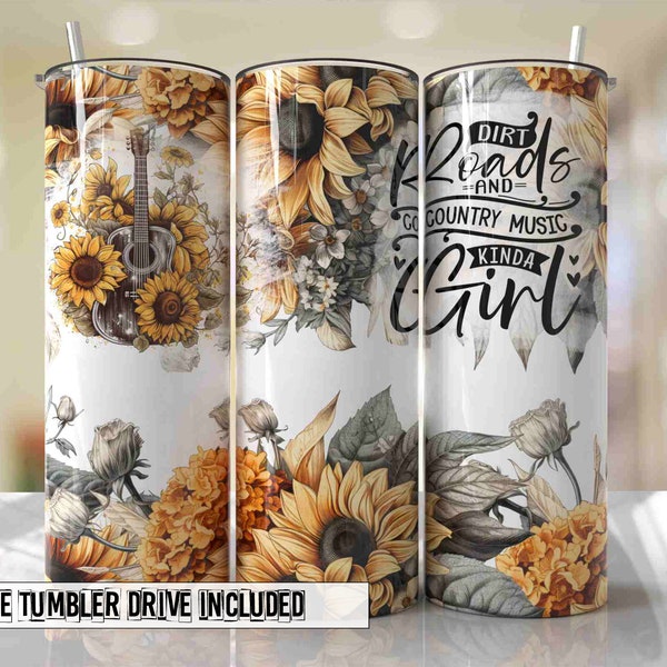 Dirt Roads and Country Music Sunflower Seamless Tumbler Wrap PNG Seamless Sublimation Designs Downloads - Skinny 20oz Design