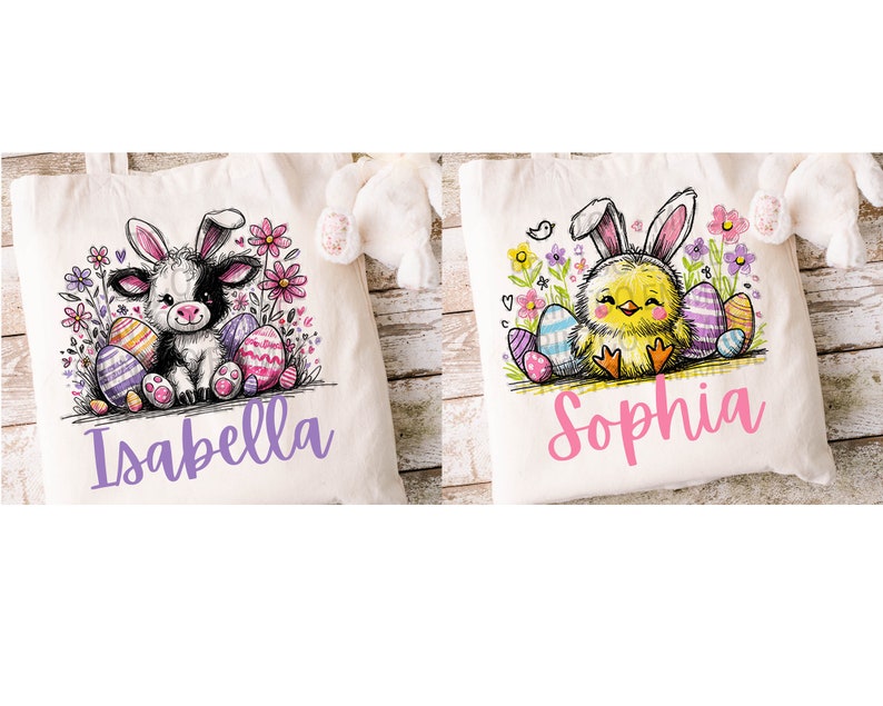 May include: Two white canvas tote bags with personalised names, "Isabella" and "Sophia". Each bag features a cartoon animal surrounded by colourful Easter eggs and flowers. The left bag has a black and white cow with bunny ears, while the right bag has a yellow chick with bunny ears.