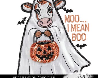 Halloween Ghost Cow PNG: Faux Embroidery Sublimation Design (Digital Download)