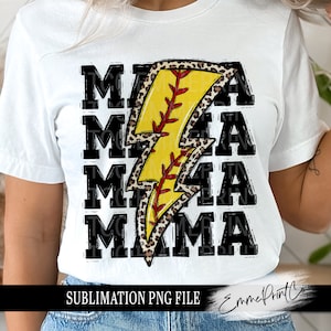 May include: Sublimation design featuring a yellow lightning bolt with a red baseball stitch pattern, surrounded by a leopard print. The word "MAMA" is repeated four times in black text with a distressed look.
