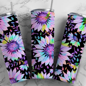 May include: Three stainless steel tumblers with a black background and a colorful watercolor sunflower pattern. The sunflowers are in shades of pink, purple, blue, and green.