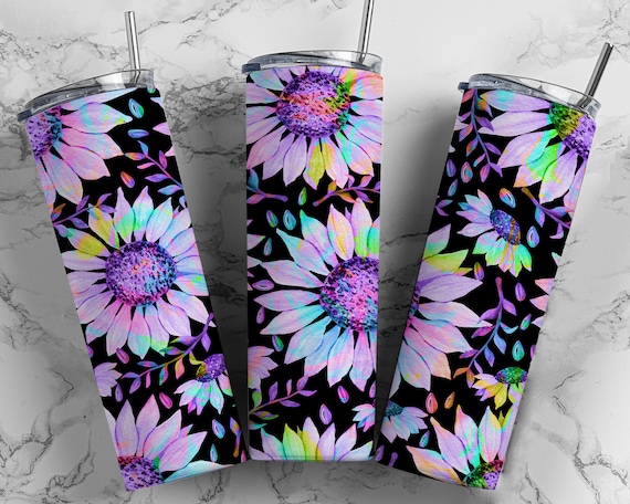 Sunflower Tumbler Wrap – Purple Black Floral PNG Sublimation (20oz Skinny)