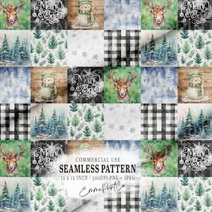 May include: A digital seamless pattern featuring a patchwork design with various winter holiday elements, including snowmen, deer, pine trees, and a black and white buffalo plaid pattern. The text "Merry & Bright" is repeated throughout the design.