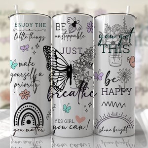Positive Affirmations Tumbler Wrap Butterflies Just Breathe Inspirational Quotes PNG Template Sublimation Designs Downloads - Skinny 20oz