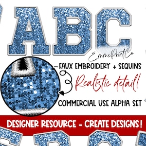Blue - Faux Embroidery Sequins Alpha Set - Alphabet Sublimation PNG DTF White - EmmePrintCo
