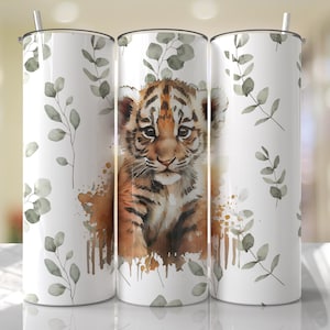 Baby Tiger Cub Tumbler Wrap: Watercolor Floral Design (PNG Download)