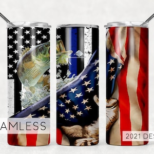 USA Flag Police Bass Fish Sublimation Designs Downloads - Skinny Tumbler 20oz Design - PNG Commercial 2021