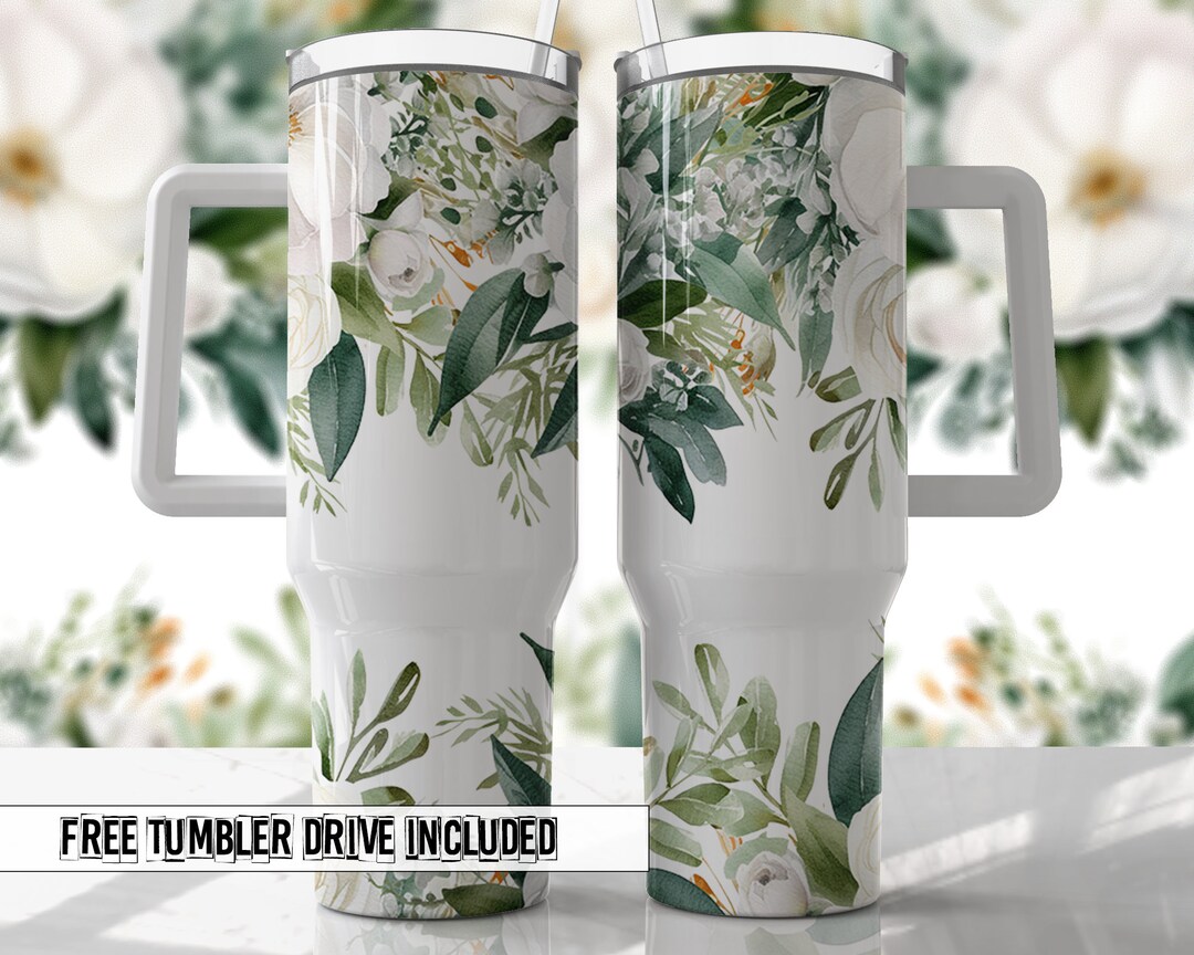 White Greenery Floral 40oz Quencher Tumbler Wrap - Seamless PNG Tumbler ...