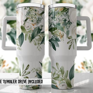 White Greenery Floral 40oz Quencher Tumbler Wrap -  Seamless PNG Tumbler Design Sublimation Designs Downloads - PNG