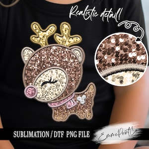 May include: A brown and gold glitter reindeer with pink accents and a red scarf. The reindeer is on a black background with the text "Realistic detail!" and "SUBLIMATION/ DTF PNG FILE" in white. The image also includes a close-up of the glitter texture.