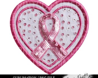 Pink Ribbon Sublimation Design Faux Embroidery Cancer Awareness Sequins Glitter  Download PNG - DTF  Download - Shirts