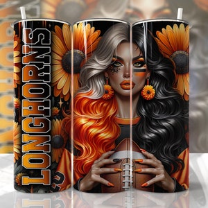 Longhorns Tumbler Wrap, School Pride, Football, Teen Tumbler, 20oz Skinny Sublimation, Football Mom Design PNG Funny Tumbler Orange Black