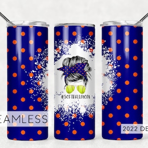 Softball Mom Navy Blue and Orange Bun Hair Funny Seamless Sublimation Designs Downloads - Skinny Tumbler 20oz Design - PNG 2022
