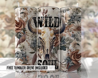 Wild Soul, Tjurskalle Tumbler Wrap, Ko Western Sublimeringsdesigner - Smal Tumbler 20oz Design - PNG - EmmePrintco