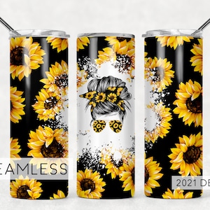Add Your Own Text Black Sunflowers Mom Bun Hair Funny Seamless Sublimation Designs Downloads - Skinny Tumbler 20oz Design - PNG 2021