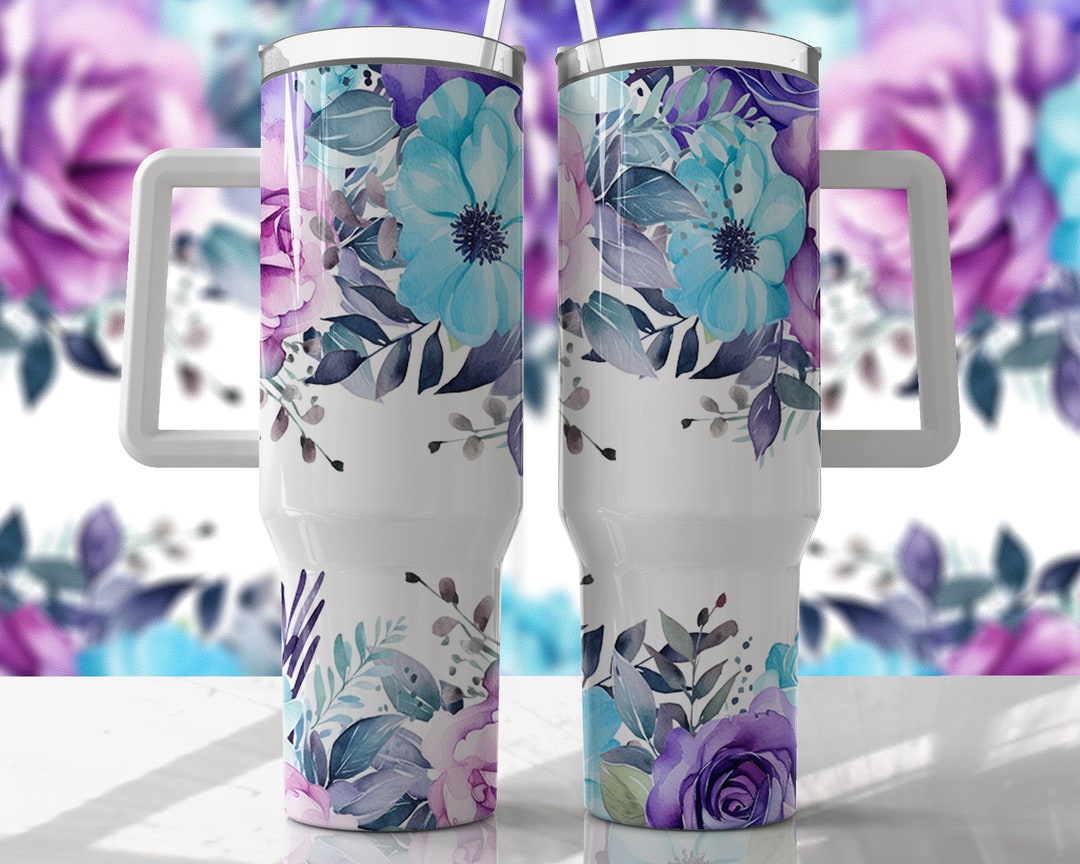 Aqua Purple Floral 40oz Quencher Tumbler Wrap - Seamless PNG Tumbler ...