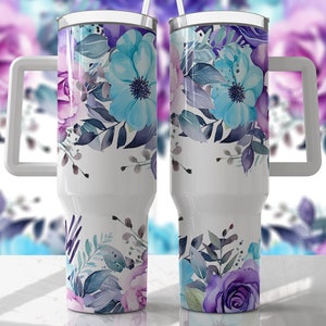 Aqua Purple Floral 40oz Quencher Tumbler Wrap - Seamless PNG Tumbler ...