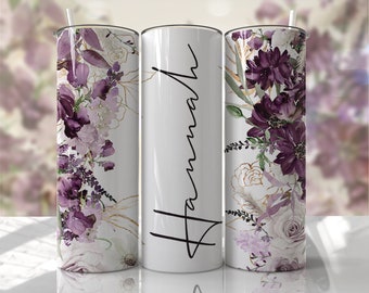 TUMBLER WRAP Purple Flowers Add Your Own Name Floral Sublimation Tumbler Seamless Designs - Skinny Tumbler 20oz Design - PNG