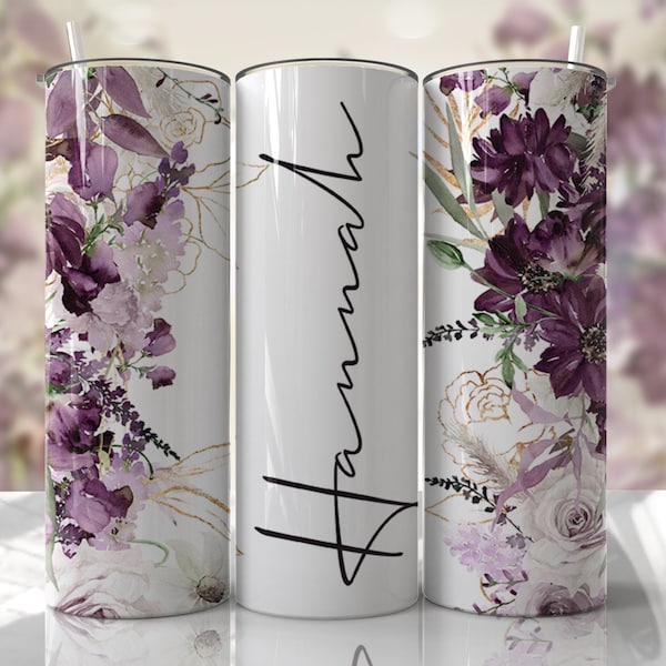 TUMBLER WRAP Purple Flowers Add Your Own Name Floral Sublimation Tumbler Seamless Designs - Skinny Tumbler 20oz Design - PNG