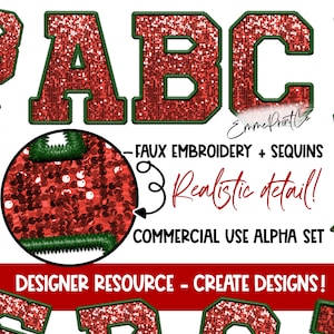 May include: Red glitter letters with a green outline, resembling faux embroidery. The letters are A, B, and C. The text "FAUX EMBROIDERY + SEQUINS" and "Realistic detail!" is also included in the image.