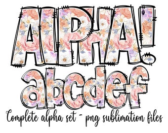 Alpha Set Heller Sommer Frühling Floral - Buchstaben Paket - Clipart Alphabet - Gekritzel Buchstaben Handgezeichnet - Zahlen Bündel für Sublimation