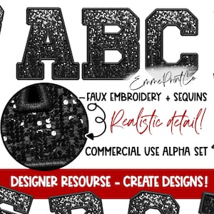 ブラック - フェイク刺繍スパンコール アルファ セット - アルファベット昇華 PNG DTF スポーツ文字 - EmmePrintCo