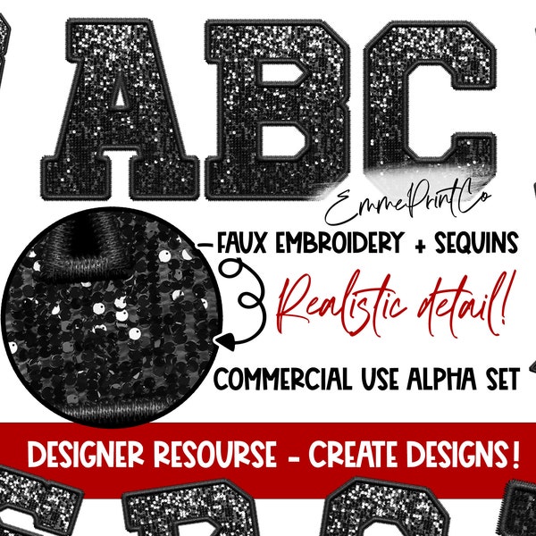 Black - Faux Embroidery Sequins Alpha Set - Alphabet Sublimation PNG DTF Sport Letters - EmmePrintCo