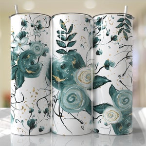 Green Teal Floral Tumbler Wrap PNG  Seamless Sublimation Designs Downloads - Skinny 20oz