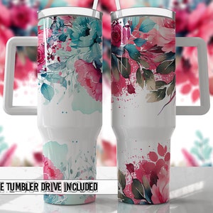 Bright Colors Pink Blue Floral 40oz Quencher Tumbler Wrap -  Seamless PNG Tumbler Design Sublimation Designs Downloads - PNG