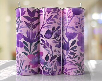 Purple Floral Tumbler Wrap PNG Tumbler Wrap Seamless Sublimation Designs Downloads - Skinny 20oz Design