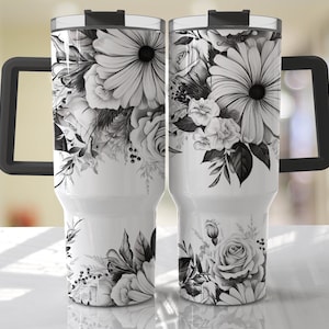 Black and White 40oz Tumbler Wrap - Floral Seamless PNG Tumbler Design Sublimation Designs Downloads - PNG