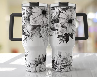 Envoltura floral para vaso de 40 oz: Diseño PNG sin costuras en blanco y negro (descarga digital)