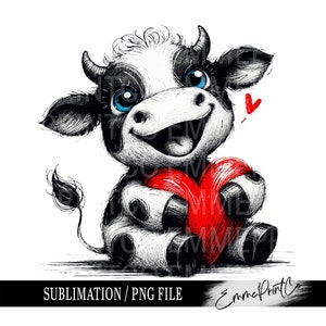 Pode incluir: Uma vaca de desenho animado preto e branco com olhos azuis segurando um coração vermelho. A vaca está sorrindo e tem uma expressão feliz. O fundo é branco.