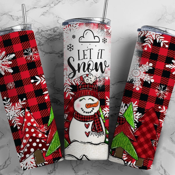 Christmas Tumbler Wrap Snowman Let it Snow Red Plaid PNG Seamless Sublimation Designs Downloads - Skinny 20oz