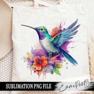 May include: A watercolor painting of a hummingbird with blue and green feathers, perched on a cluster of pink, purple, and orange flowers. The background is a soft watercolor wash of purple and pink.