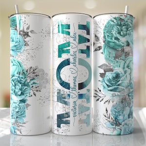 Teal Aqua Floral MOM Mother's Day Tumbler Wrap PNG Add Kids Name Tumbler Seamless Sublimation Designs Downloads - Skinny 20oz Design - 2022