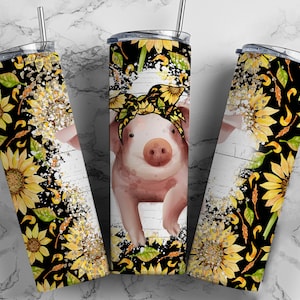 Cute Baby Pig Tumbler Wrap Sunflowers Seamless Tumbler Design Sublimation - Skinny 20oz - PNG 2022