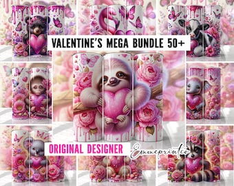 VALENTINE'S DAY TUMBLER Wraps Mega Bundle 50+ Cute Animals Sublimation Tumbler Templates Pink Seamless Designs png EmmePrintCo