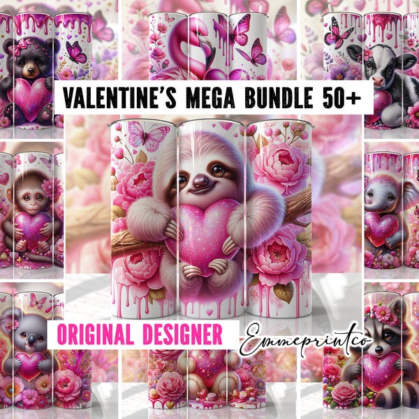 VALENTINE'S DAY TUMBLER Wraps Mega Bundle 50+ Cute Animals Sublimation Tumbler Templates Pink Seamless Designs png EmmePrintCo