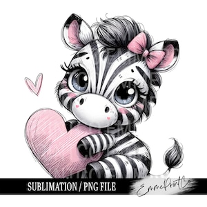 May include: A cute cartoon zebra with black and white stripes holding a pink heart. The zebra has a pink bow in its hair and big blue eyes. The image is perfect for a Valentine's Day card or a children's book.
