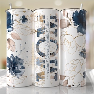 Envoltura de vaso para mamá PNG con nombres de niños, diseño floral azul, sin costuras, descargas de diseños de sublimación - Diseño delgado de 20 oz - 2022